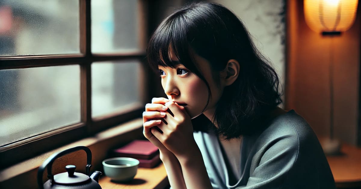 窓の外を見つめ、不安そうに考え込む女性