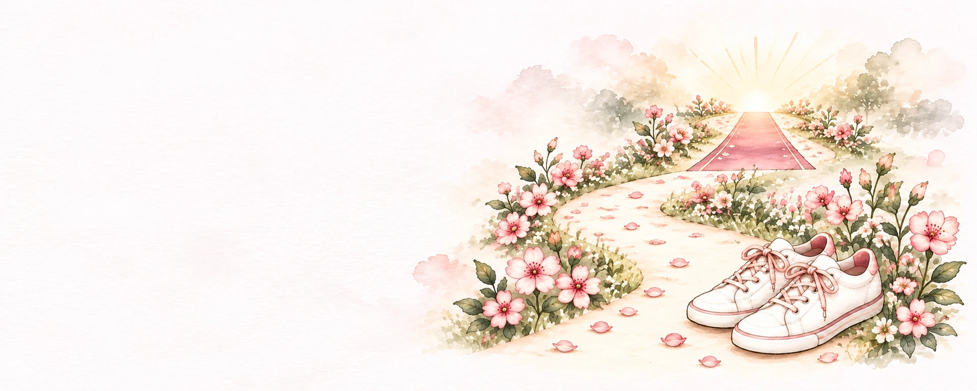 花の咲く道の先に、光の差すランウェイが続く水彩の絵